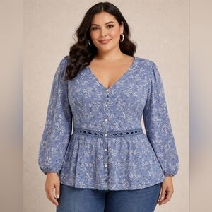 Cato Dusty Blue Floral Button-Front Peplum Blouse